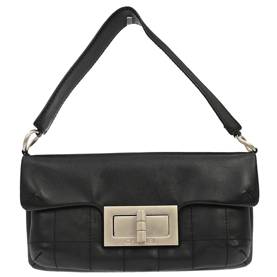 CHANEL CC Lambskin Top Handle Kiss Lock Bag Black: CHANEL CC Lambskin Top Handle Kiss Lock Bag Black Black lambskin handbag with a kiss lock closure and top handle design. It features inner pockets, a leather lining, and is described as a small size. 