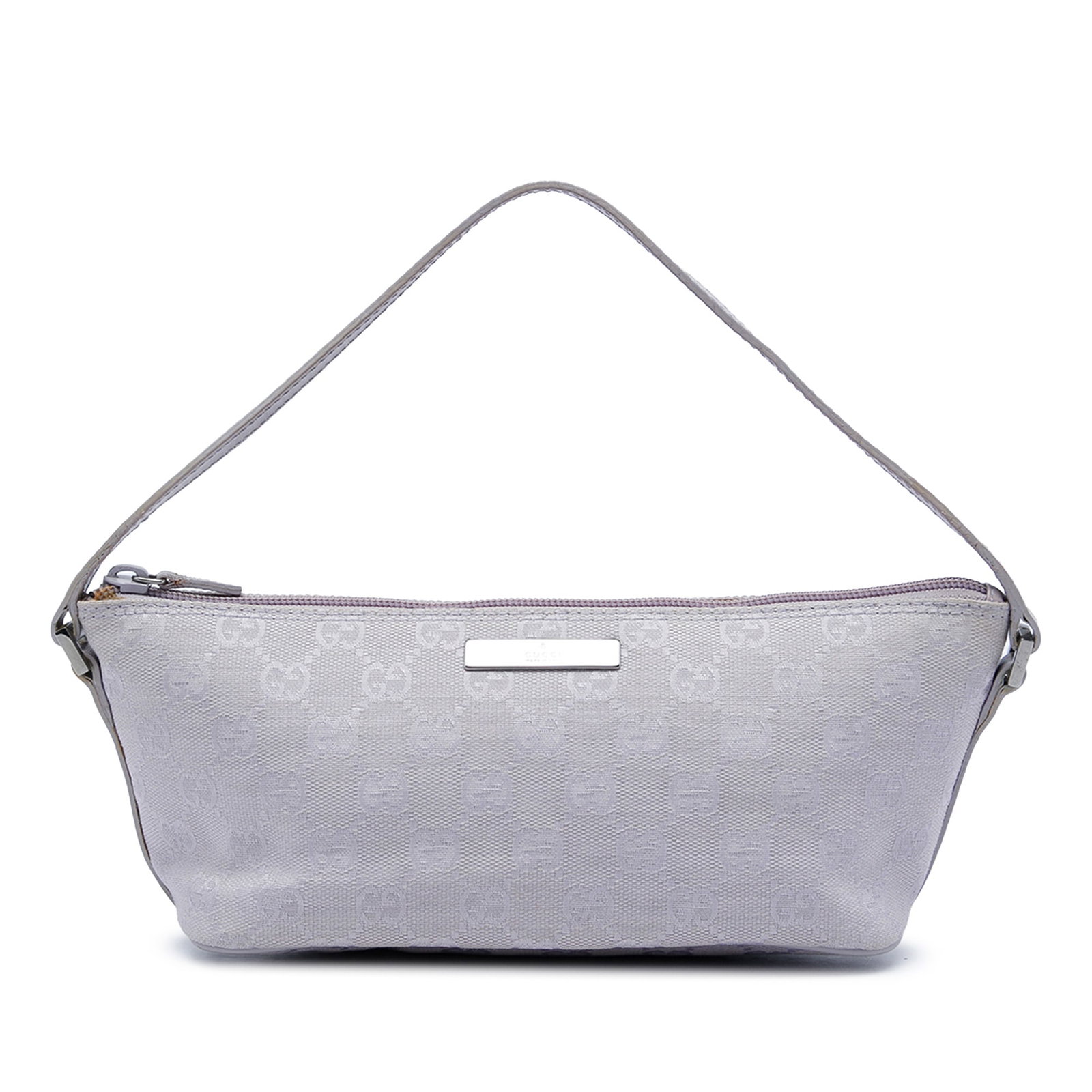 Gucci GG Canvas Boat Baguette Bag Purple Leather Trim: Gucci GG Canvas Boat Baguette Bag Purple Leather Trim Gucci GG Canvas Boat baguette bag crafted with a canvas body and leather trim. It features a flat leather strap and a top zip closure. Condition i