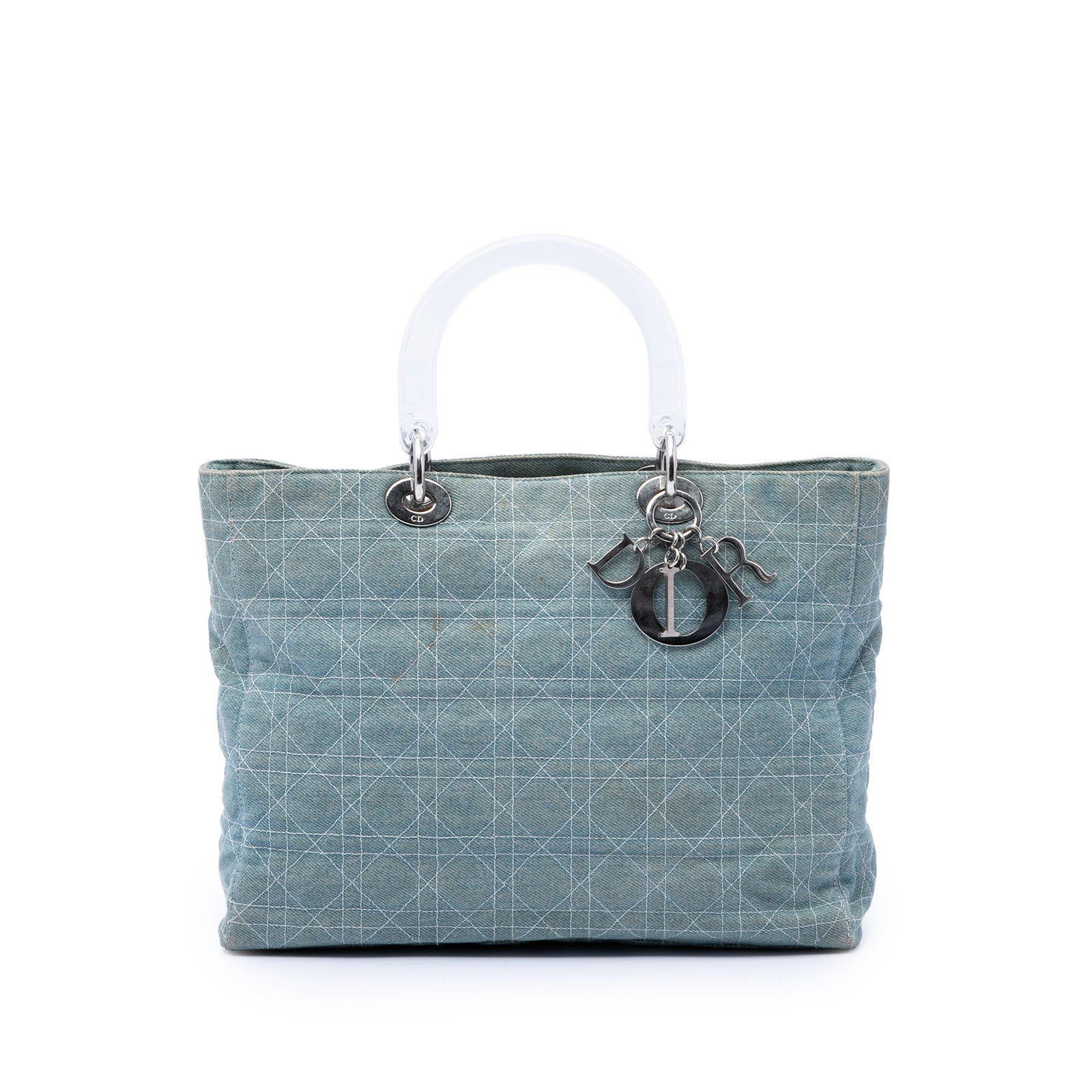 Dior Lady Dior Large Denim Satchel with Acrylic Handles: Dior Lady Dior Large Denim Satchel with Acrylic Handles Large Lady Dior satchel in blue quilted denim with acrylic top handles and a top zip closure. The interior includes a zip pocket. Condition is B