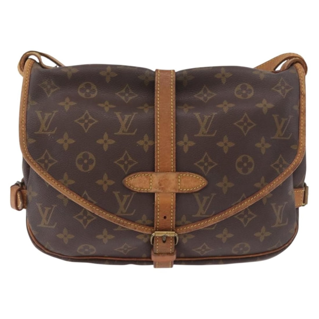 Louis Vuitton Saumur Brown Canvas Shoulder Bag: Louis Vuitton Saumur Brown Canvas Shoulder Bag Louis Vuitton Saumur in brown monogram canvas with a unisex design. This bag is in fair condition with good overall appearance, showing visible wear from