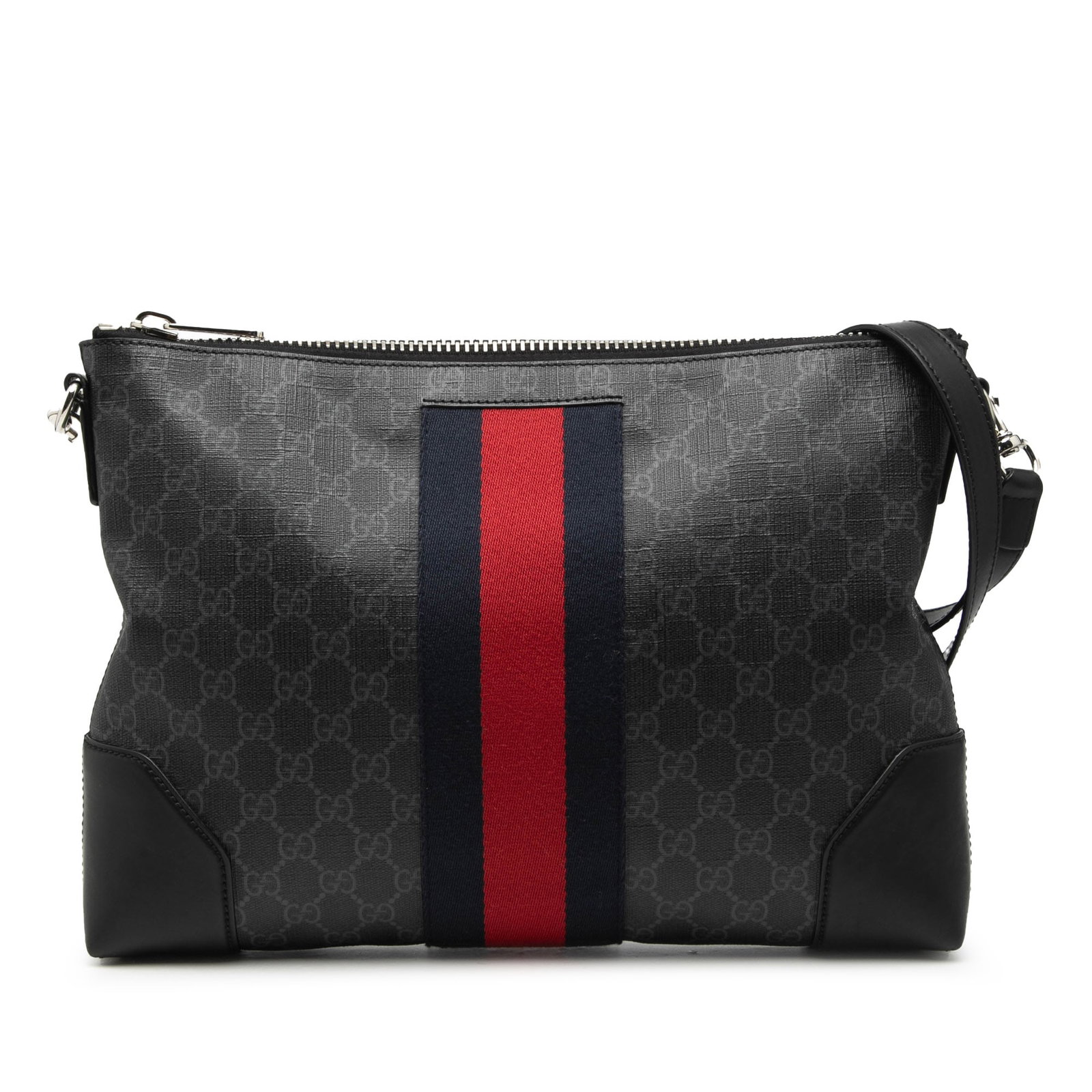 Gucci GG Supreme Web Canvas Crossbody Bag with Leather Trim: Gucci GG Supreme Web Canvas Crossbody Bag with Leather Trim This Gucci GG Supreme Web Crossbody bag showcases a coated canvas body with leather trim and signature web detail. It features an adjustable