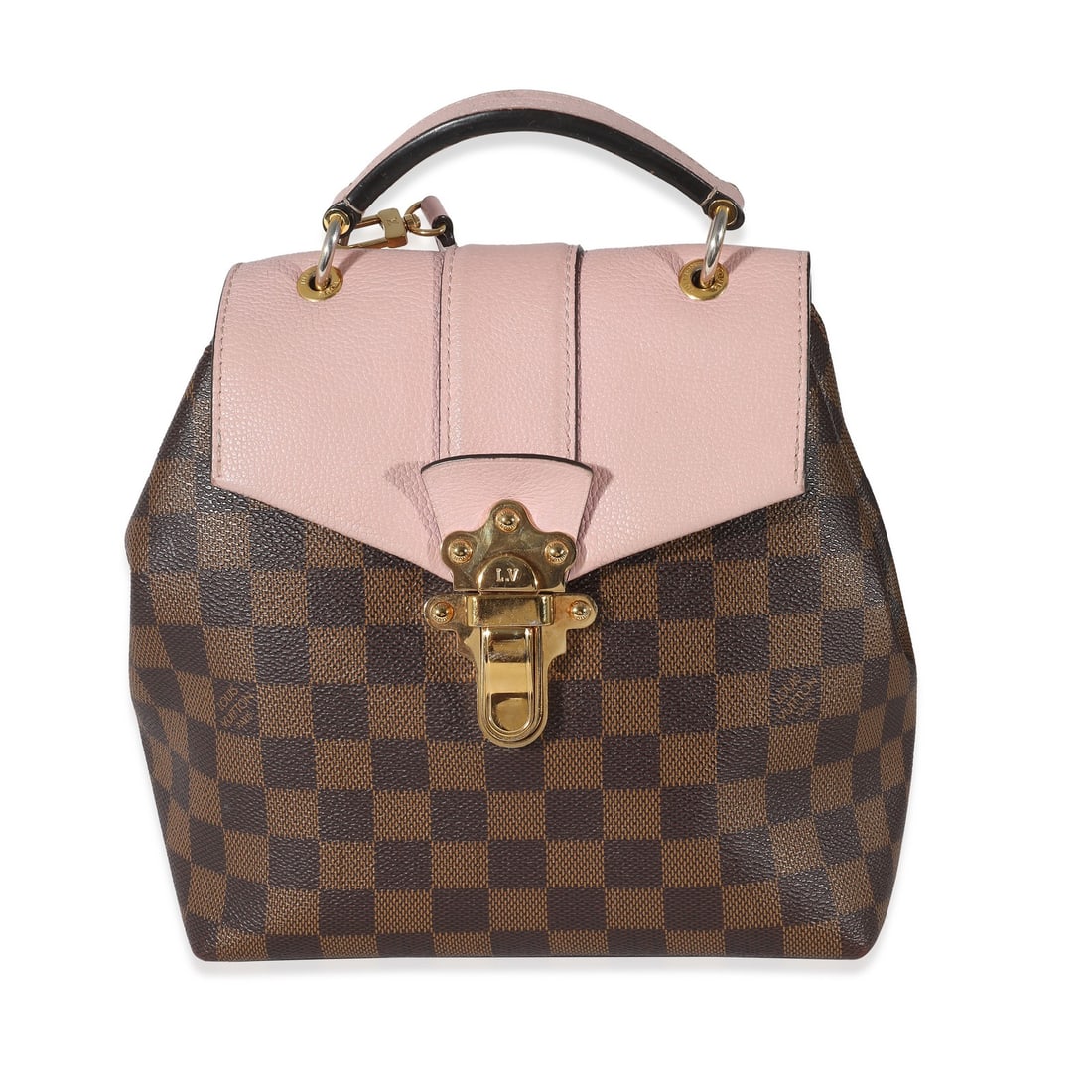 Louis Vuitton Clapton Backpack in Damier Ebene Canvas Magnolia: Louis Vuitton Clapton Backpack in Damier Ebene Canvas Magnolia Pre-owned Louis Vuitton Clapton Backpack in brown Damier Ebene canvas with a push-lock closure and pink fabric lining. This unisex design
