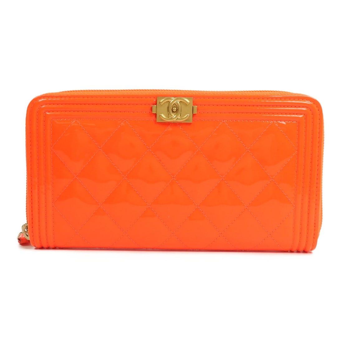 CHANEL Boy CC Around Long Wallet Orange Patent Leather GHW: CHANEL Boy CC Around Long Wallet Orange Patent Leather GHW Chanel Boy long wallet in orange patent leather with CC GHW styling. This women's zip-around wallet features a practical interior with multip
