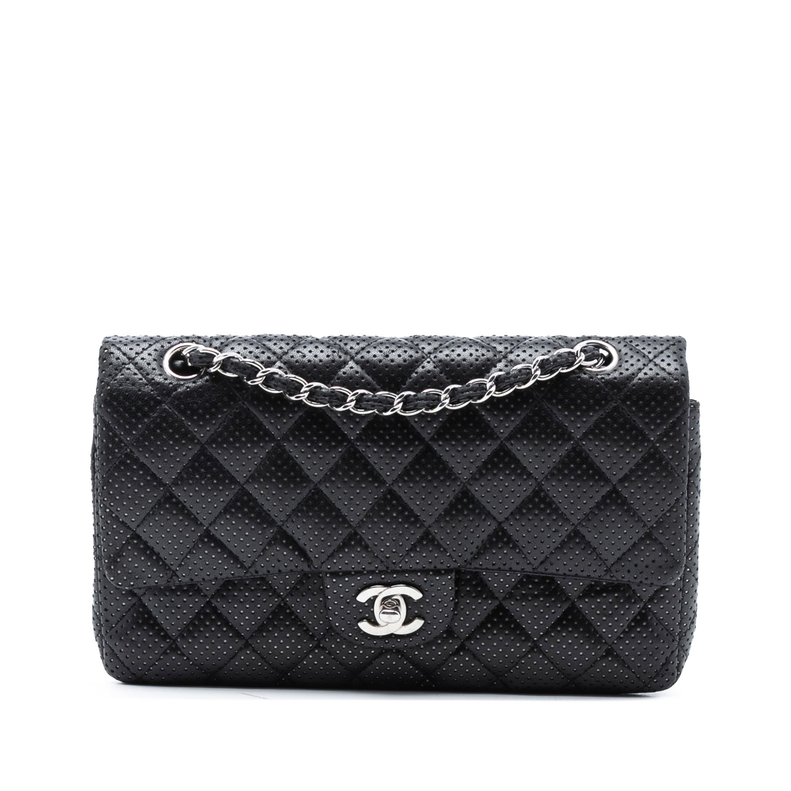 Chanel Black Perforated Lambskin Medium Double Flap Shoulder Bag: Chanel Black Perforated Lambskin Medium Double Flap Shoulder Bag This Chanel Medium Classic Perforated Lambskin Double Flap shoulder bag features a quilted perforated lambskin leather exterior in blac