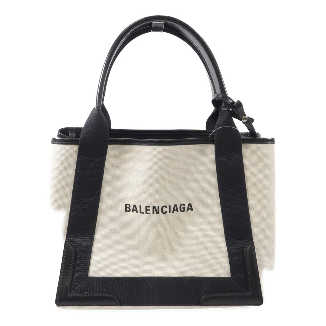 Balenciaga Navy Cabas Small White Tote 339933 Calfskin Canvas SHW: Balenciaga Navy Cabas Small White Tote 339933 Calfskin Canvas SHW Balenciaga Navy Cabas small tote bag in white calfskin leather and canvas. This women's tote features a structured everyday silhouette