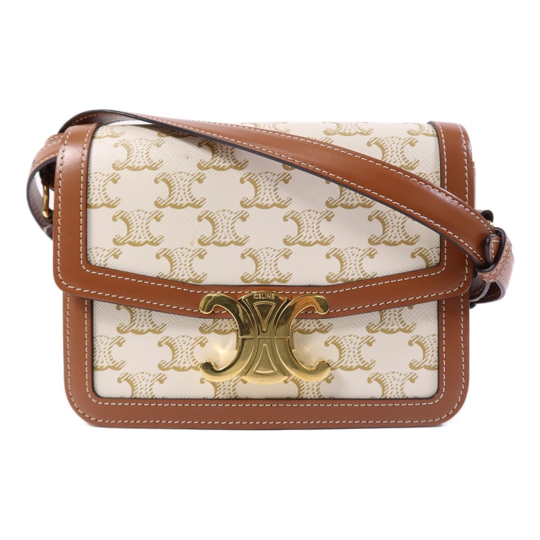 CELINE Teen Triomphe White Shoulder Bag Coated Canvas Calfskin: CELINE Teen Triomphe White Shoulder Bag Coated Canvas Calfskin CELINE Teen Triomphe shoulder bag in white PVC coated canvas and calfskin leather. It features a shoulder strap with an adjustable drop a
