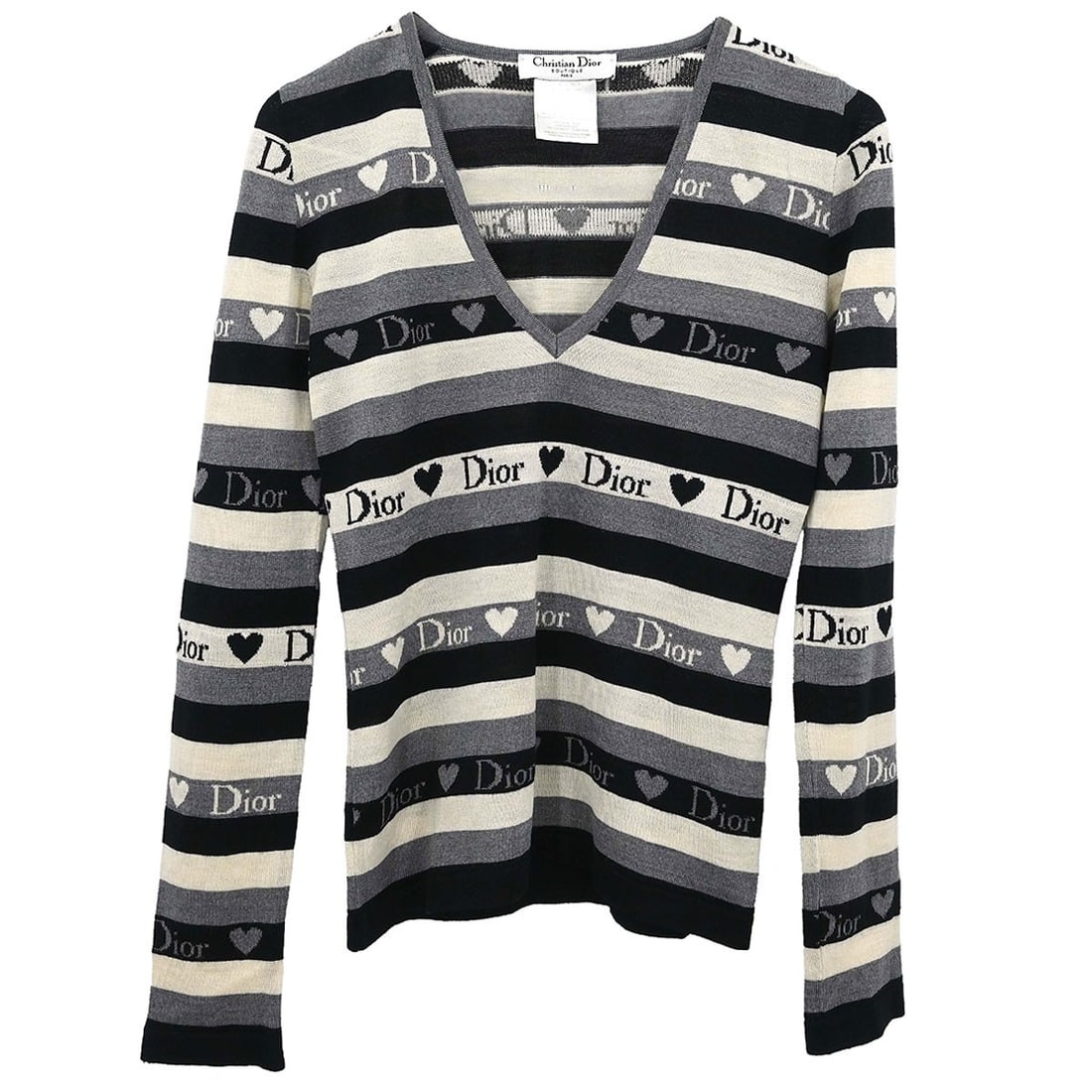 Dior V-Neck Long Sleeve T-Shirt Gray Wool Silk Cashmere FR 36: Dior V-Neck Long Sleeve T-Shirt Gray Wool Silk Cashmere FR 36 This Christian Dior long sleeve top is a women's regular-fit T-shirt style piece in gray with a V-neck and logo accent. It is made in Ital