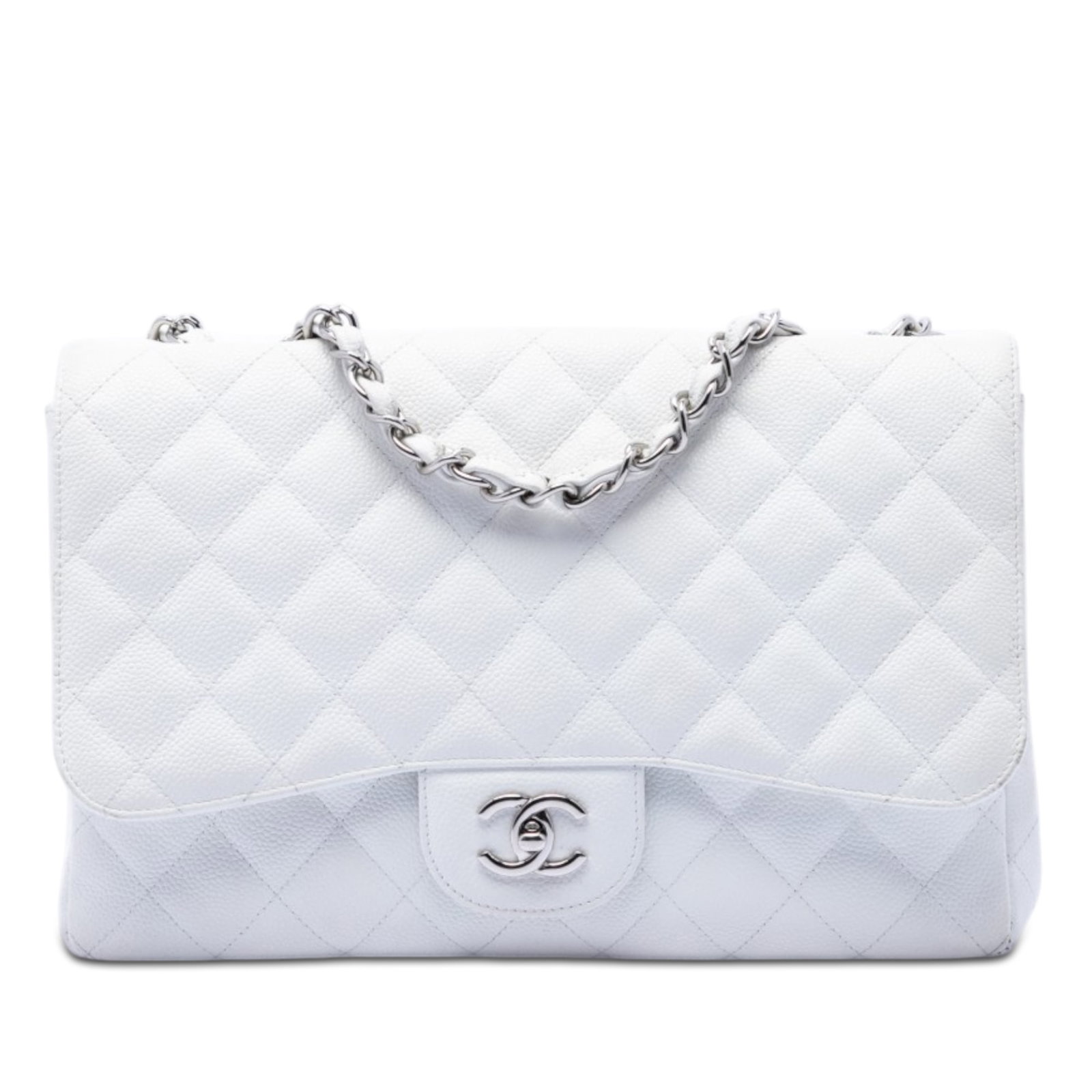 Chanel Jumbo Classic Single Flap Shoulder Bag White Caviar Leather: Chanel Jumbo Classic Single Flap Shoulder Bag White Caviar Leather Chanel Jumbo Classic Caviar Single Flap shoulder bag in white quilted caviar leather. This bag features a leather-woven chain strap, 