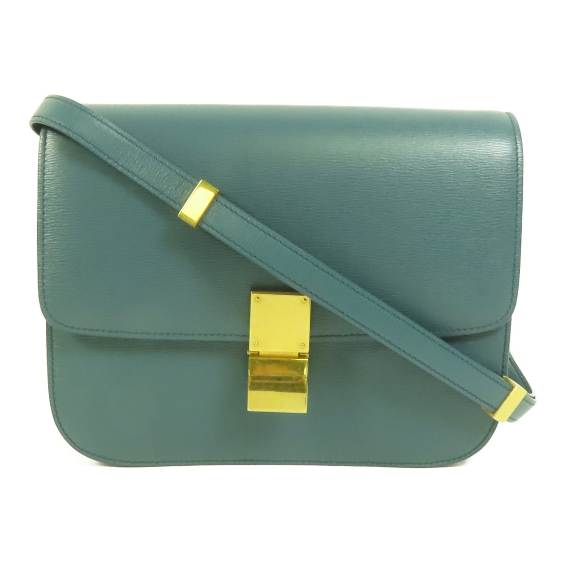 CELINE Classic Box Medium Green Calfskin Shoulder Bag: CELINE Classic Box Medium Green Calfskin Shoulder Bag Celine Classic Box Medium shoulder bag in green calfskin leather with a structured flap-front design and interior organization for everyday use. T