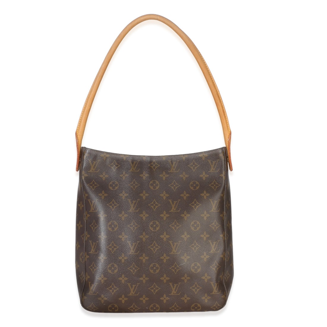 Louis Vuitton Looping GM shoulder bag in monogram canvas: Louis Vuitton Looping GM shoulder bag in monogram canvas Pre-owned Louis Vuitton Looping GM shoulder bag in brown monogram canvas with a zip-top closure and gold-tone hardware. The bag features a beig