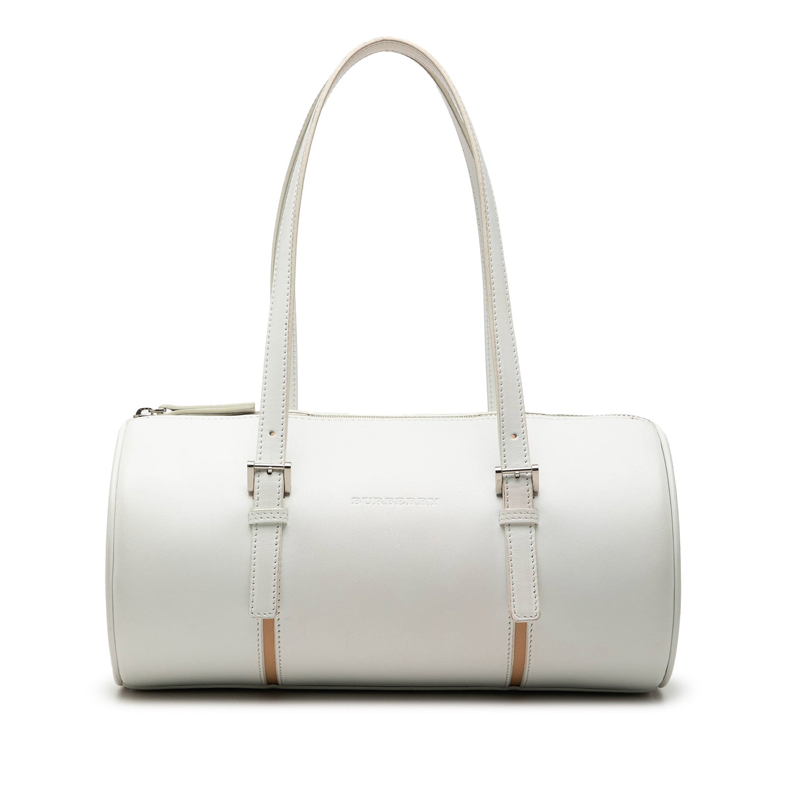 Burberry Barrel Shoulder Bag White Leather Zip Top: Burberry Barrel Shoulder Bag White Leather Zip Top Burberry leather barrel shoulder bag in white with a zip-top closure and an organized interior featuring zip and slip pockets. The bag has flat leath