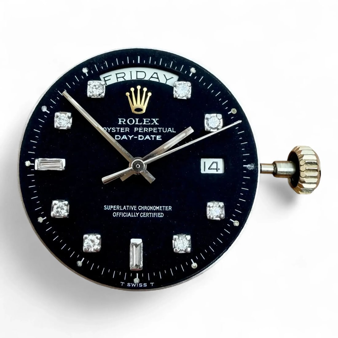 Rolex Caliber 1556 Day Date Movement with Custom Dial: Rolex Caliber 1556 Day Date Movement with Custom Dial Authentic Rolex Calibre 1556 Day-Date movement with a custom aftermarket dial and original crown. This watch movement is compatible with Rolex Pre