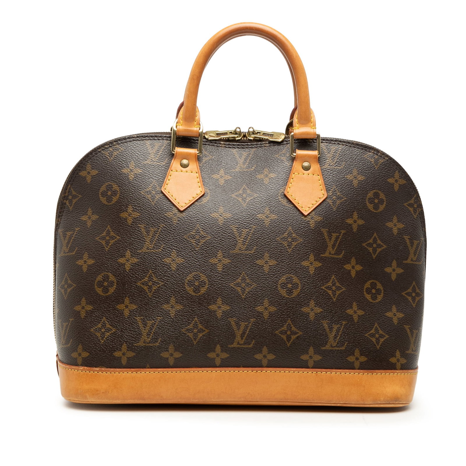 Louis Vuitton Alma PM Monogram Canvas Handbag Brown: Louis Vuitton Alma PM Monogram Canvas Handbag Brown Louis Vuitton Monogram Alma PM handbag crafted with a monogram canvas body, vachetta leather trim, and rolled vachetta leather handles. The bag feat