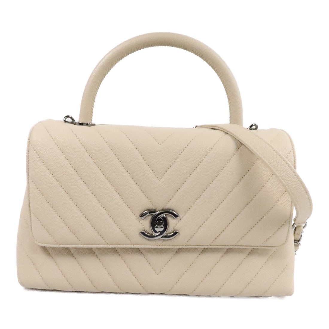 CHANEL Coco Handle A92991 Medium Beige Calfskin 2 Way Bag: CHANEL Coco Handle A92991 Medium Beige Calfskin 2 Way Bag A CHANEL Coco Handle Medium 2 Way Shoulder Bag in beige calfskin (cowhide), model A92991. This women's bag features a beige exterior, turn loc