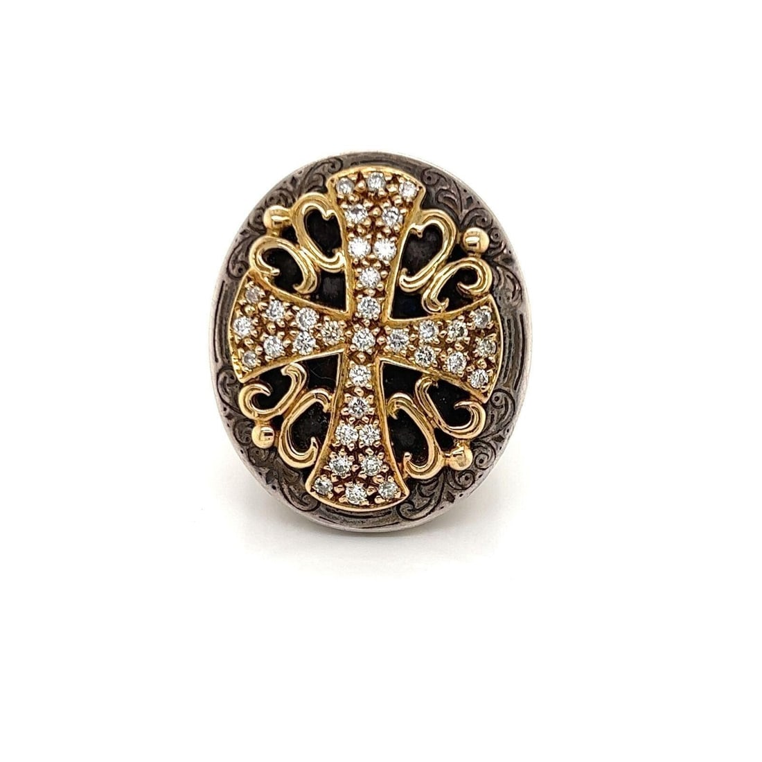 Konstantino Maltese Cross Statement Ring Sterling Silver 18k Gold Diamonds Size 7: Konstantino Maltese Cross Statement Ring Sterling Silver 18k Gold Diamonds Size 7 Pre-owned Konstantino Maltese Cross statement ring featuring an engraved floral oval top with a Maltese cross centerpi