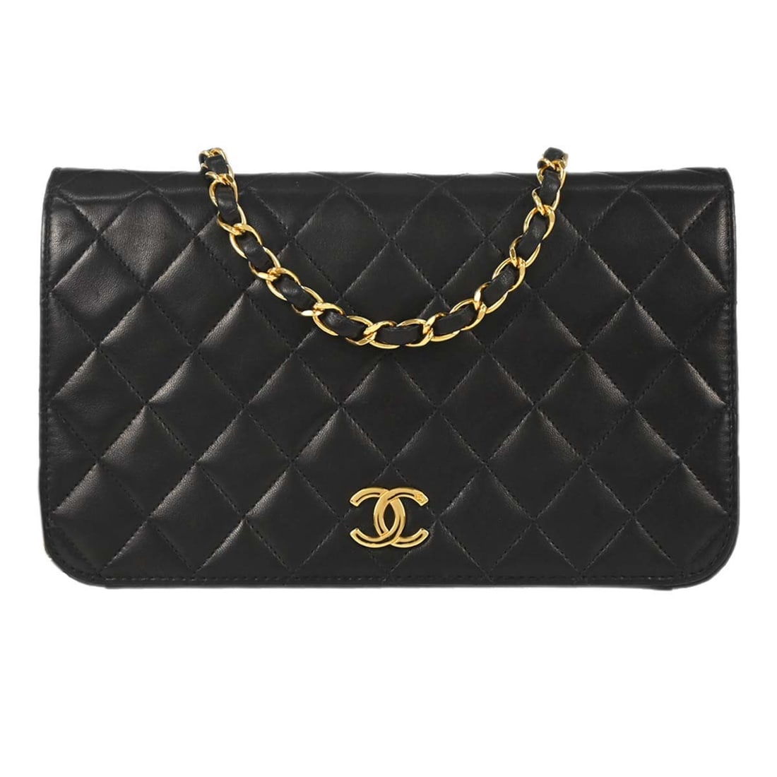 CHANEL Pushlock Full Flap Shoulder Bag in Black Lambskin: CHANEL Pushlock Full Flap Shoulder Bag in Black Lambskin Chanel Pushlock Small Full Flap shoulder bag in black lambskin leather with logo accent and shoulder strap. This women's bag features a zippere
