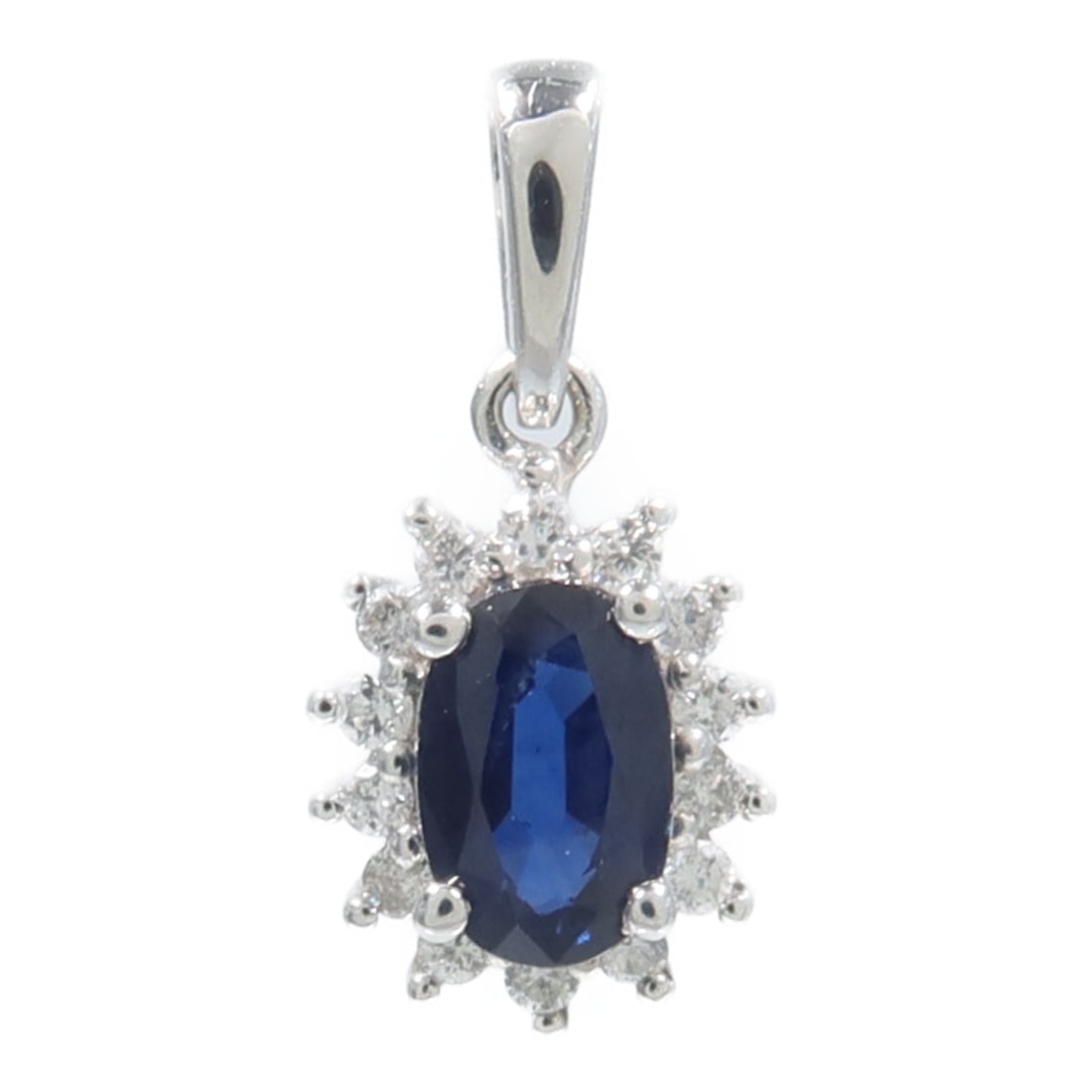 18K White Gold Blue Sapphire Pendant Top: 18K White Gold Blue Sapphire Pendant Top A sapphire pendant in 18K white gold with a blue sapphire accent. The piece is identified as model Sapphire 1.1g and is in very good AB condition. Accessories 