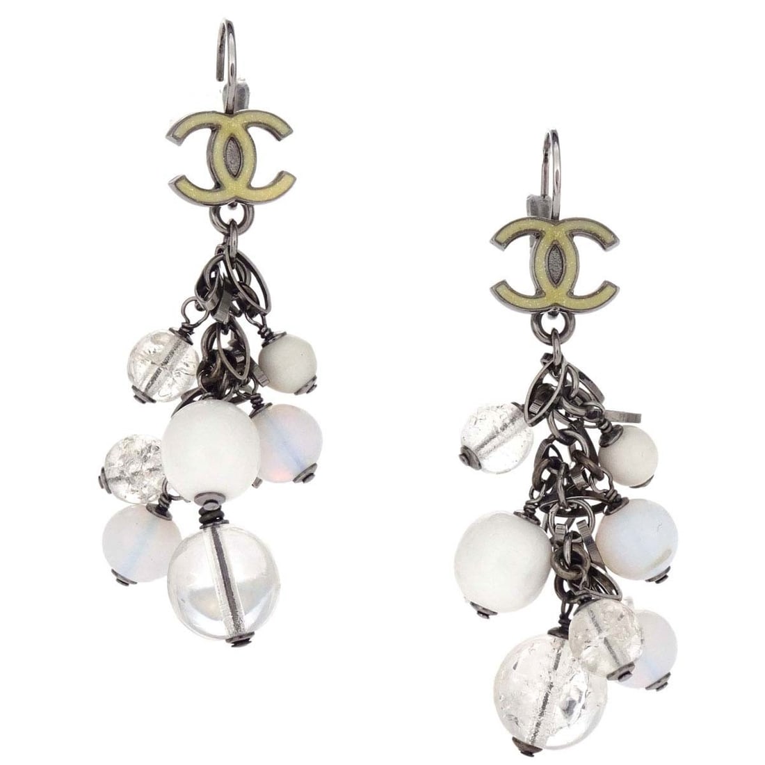 Chanel 07A CC Acrylic Dangle Earrings Silver Plated: Chanel 07A CC Acrylic Dangle Earrings Silver Plated Chanel CC dangle pierced earrings in silver-plated metal with acrylic accents. This pair features a screw back pierced closure and comes with the ca