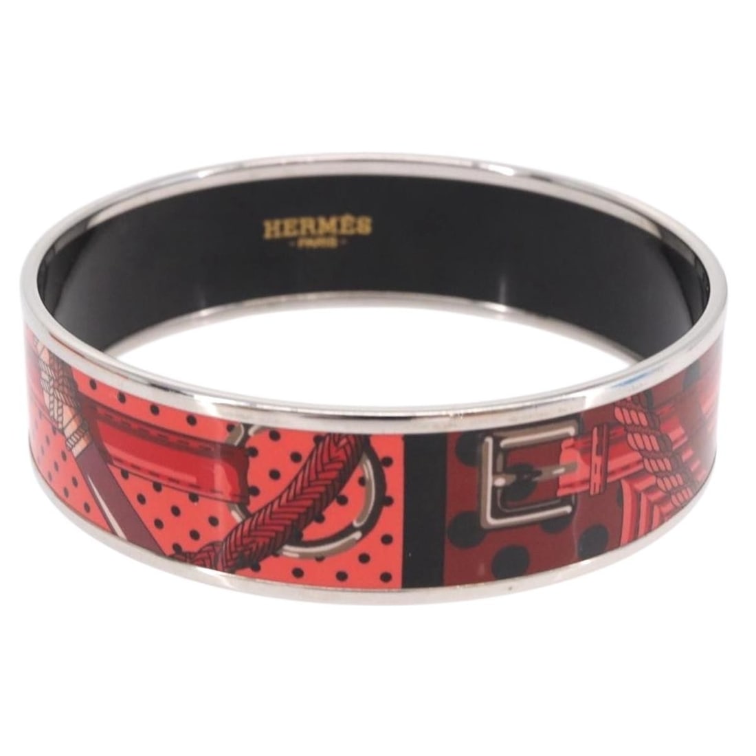 Hermes Emilel GM Red Metal Bracelet with Box Dust Bag: Hermes Emilel GM Red Metal Bracelet with Box Dust Bag Hermes Emilel GM bracelet in red metal with a clean, streamlined design. Made in France, this women's bracelet comes with a dust bag and item box.