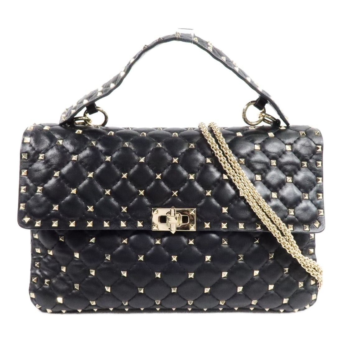 Valentino Rockstud Spike Large Black Calfskin 2 Way Shoulder Bag: Valentino Rockstud Spike Large Black Calfskin 2 Way Shoulder Bag Valentino Rockstud Spike large 2-way shoulder bag in black calfskin leather. This women's bag features a structured design with turn-lo