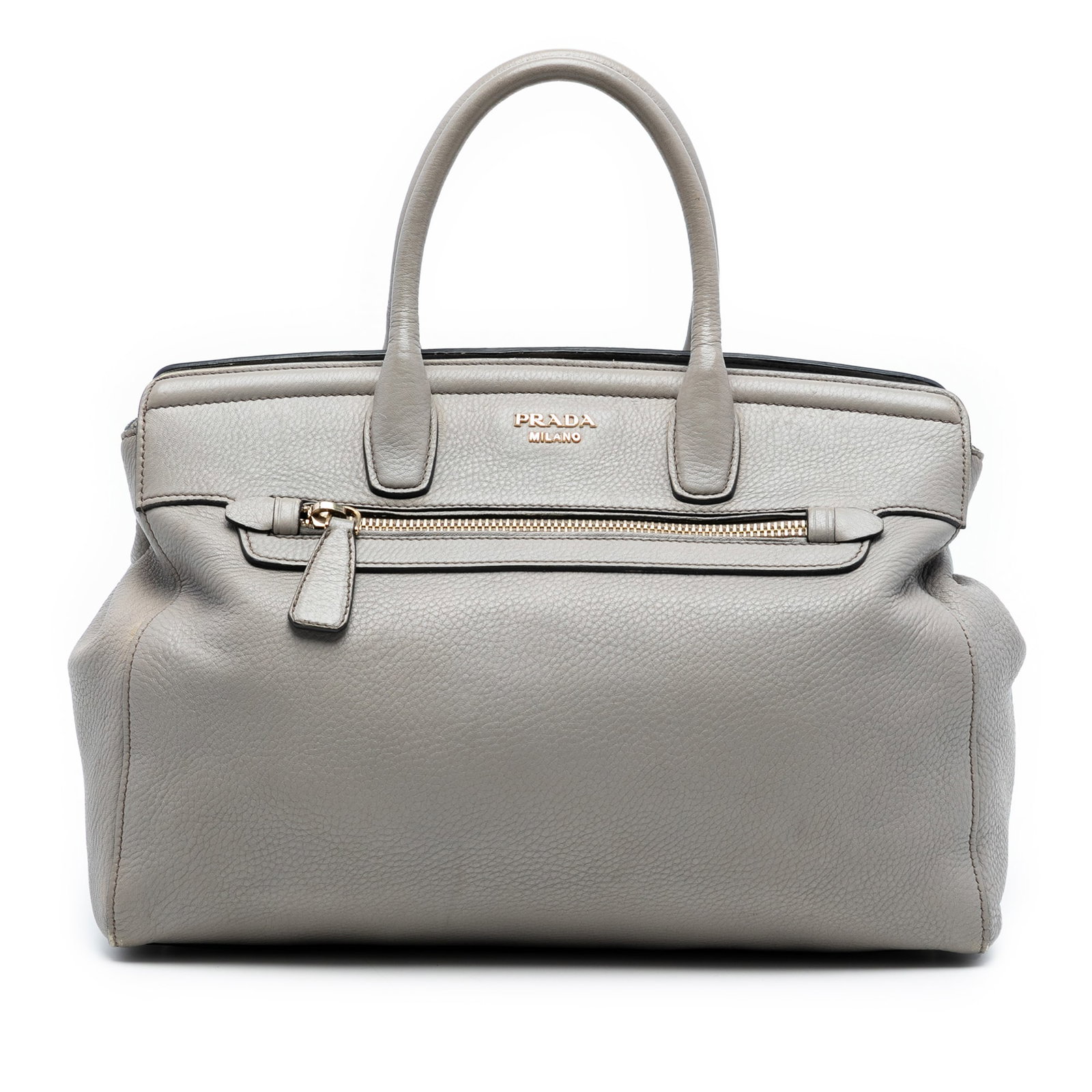 Prada Vitello Daino Gray Leather Satchel Bag with Exterior Zip Pocket: Prada Vitello Daino Gray Leather Satchel Bag with Exterior Zip Pocket This Prada Vitello Daino Satchel features a leather body in gray, rolled leather handles, an open top with a snap button closure, 