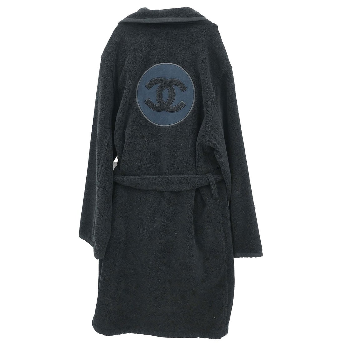 CHANEL Sport Line Black Cotton Belted Gown Coat Size 2: CHANEL Sport Line Black Cotton Belted Gown Coat Size 2 Black bathrobe-style coat gown in 100% cotton with a belted closure and two exterior pockets. Made in Italy, this women's one-size piece is ident