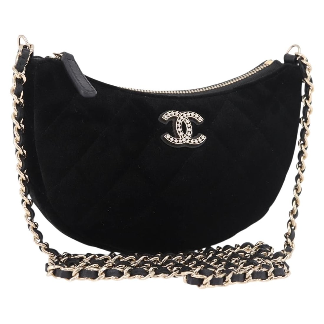 CHANEL Matelasse Velor Shoulder Bag Black with Gold CC: CHANEL Matelasse Velor Shoulder Bag Black with Gold CC CHANEL Matelasse chain shoulder bag in black and gold velor, made in Italy. This women's shoulder bag features a shoulder strap drop of approxima