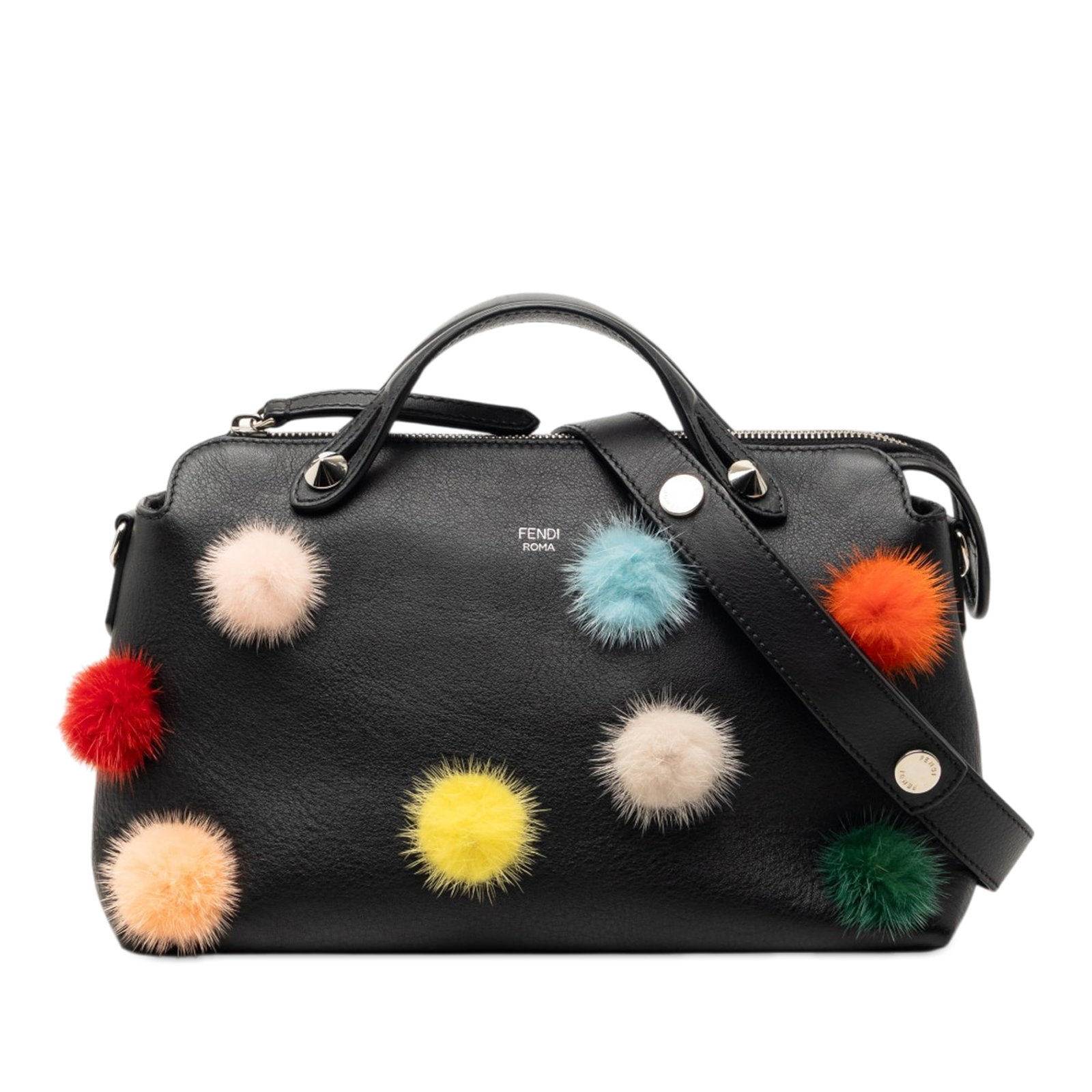Fendi By The Way black leather satchel with pompom: Fendi By The Way black leather satchel with pompom This Fendi Medium Leather Pompom By The Way Satchel features a black leather body with flat leather top handles and a detachable flat leather shoulde