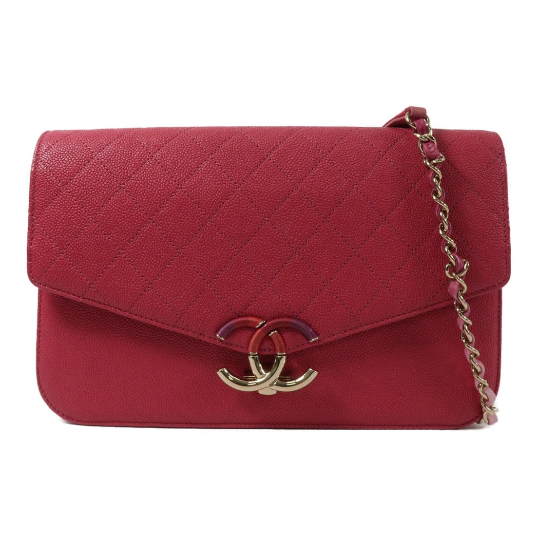 CHANEL Thread Around Flap Shoulder Bag Pink Calfskin Chain Strap: CHANEL Thread Around Flap Shoulder Bag Pink Calfskin Chain Strap Chanel CC Thread Around Flap chain shoulder bag in pink calfskin leather. This women's shoulder bag features a flap closure and an inte