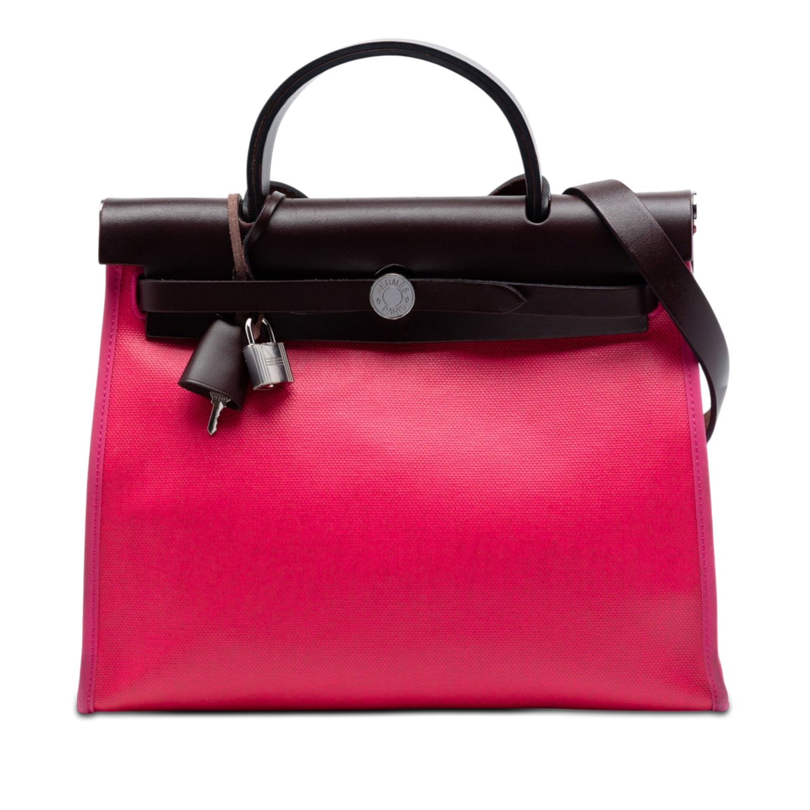 Hermes Berline Herbag Zip 31 Pink Fabric Shoulder Bag: Hermes Berline Herbag Zip 31 Pink Fabric Shoulder Bag Hermes Toile H Berline Herbag Zip 31 bag in pink fabric with leather trim. This bag features a coated canvas body, a flat leather top handle, a fl
