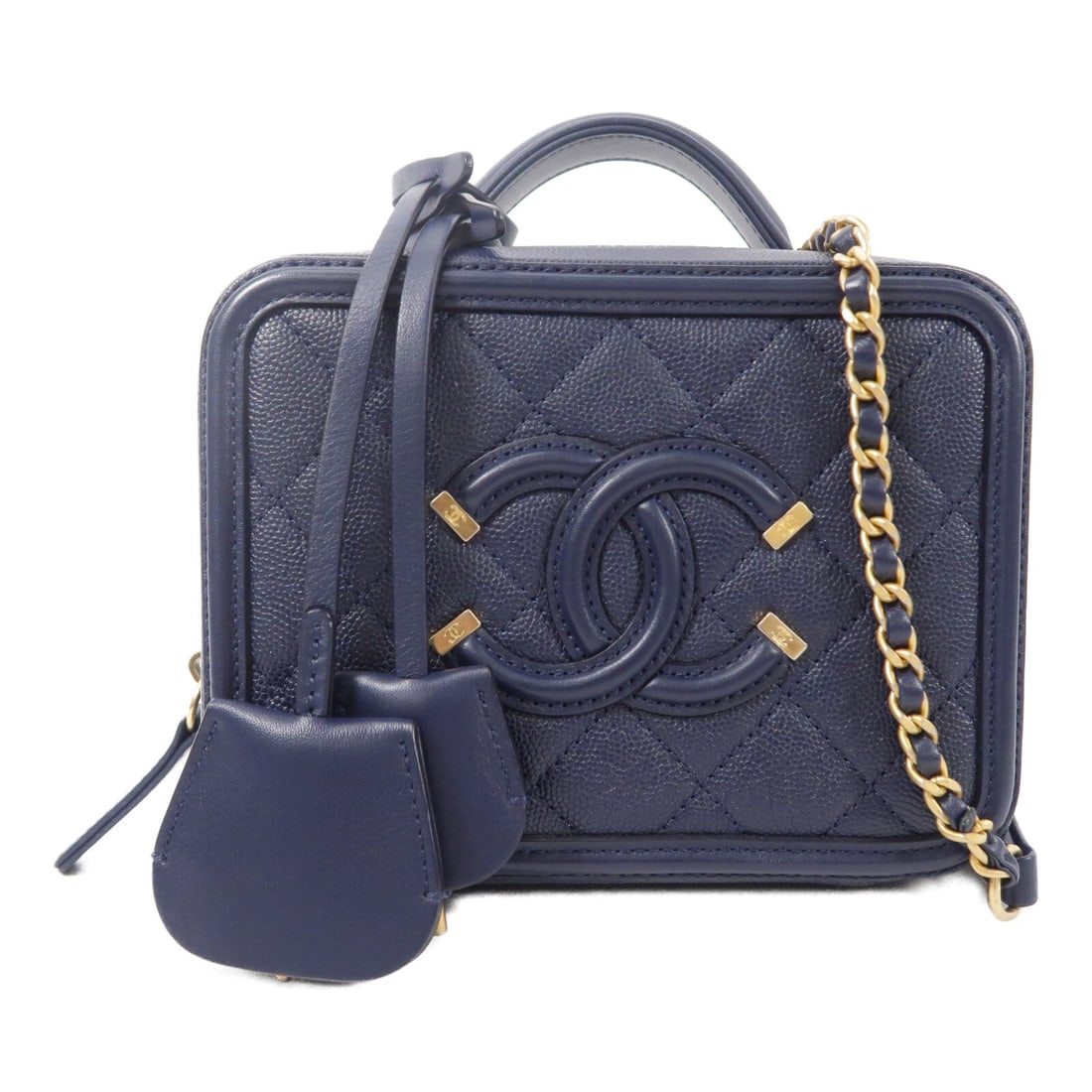 CHANEL A93342 CC Vanity Shoulder Bag Navy Calfskin GHW: CHANEL A93342 CC Vanity Shoulder Bag Navy Calfskin GHW CHANEL CC GHW Vanity Case 2 Way Shoulder Bag in navy calfskin (cowhide) leather. The bag features a two-way design with a shoulder strap, clochet