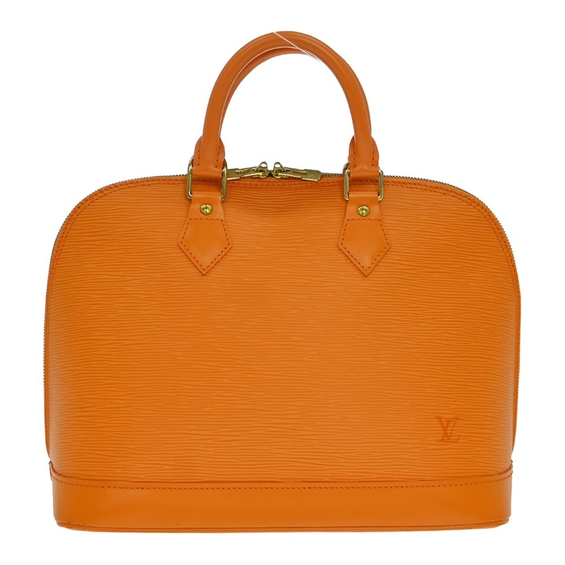 Louis Vuitton Alma Orange Leather Handbag: Louis Vuitton Alma Orange Leather Handbag Louis Vuitton Alma handbag in orange leather. This structured bag is made in France and remains in good condition with visible wear, including scuffs and scra