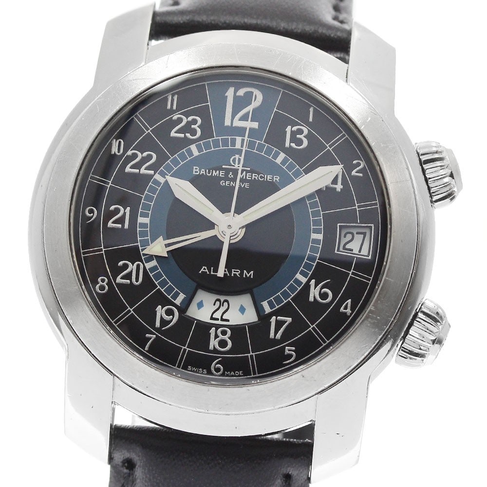 Baume and Mercier Capeland 65322 mens automatic GMT alarm watch: Baume and Mercier Capeland 65322 mens automatic GMT alarm watch Pre-owned BAUME&MERCIER Capeland Alarm GMT automatic men's wristwatch with a black dial, stainless steel case, and leather aftermarket b