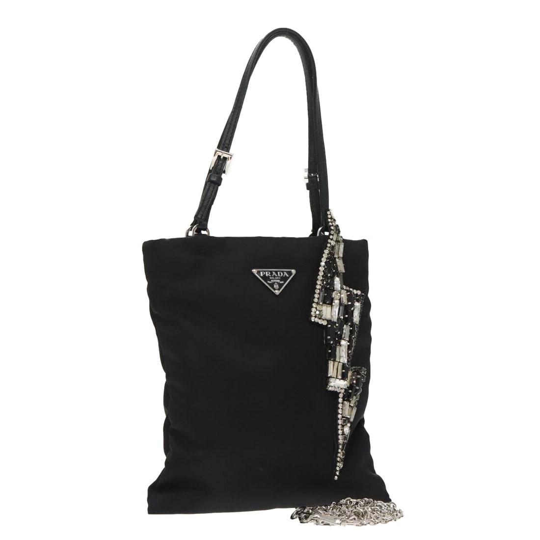 PRADA nylon shoulder bag black with silver chain Italy: PRADA nylon shoulder bag black with silver chain Italy Authentic Prada chain shoulder bag in black nylon with silver-tone accents. Made in Italy, this women's shoulder bag includes a dust bag. Conditi