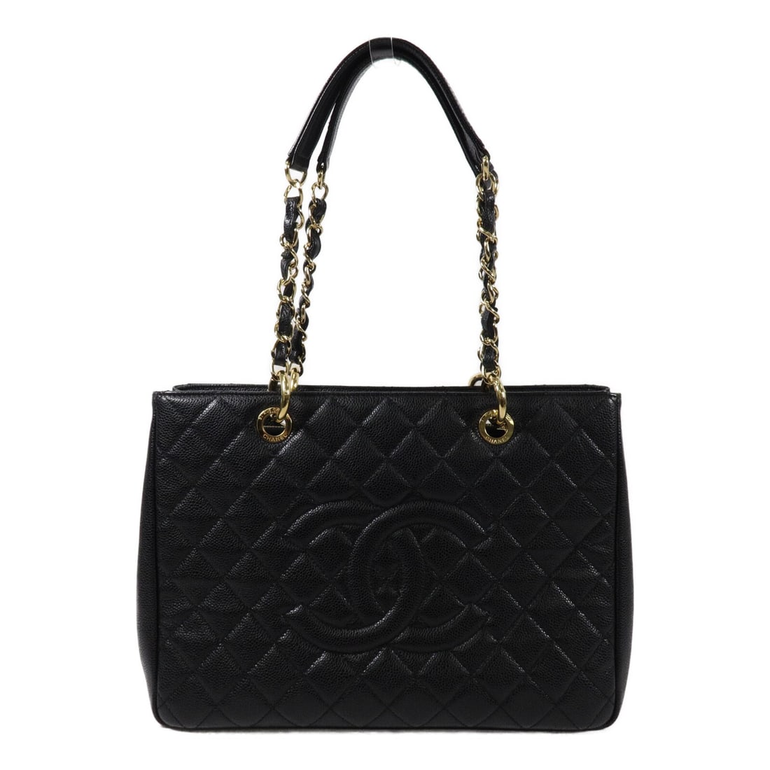 CHANEL GST Grand Shopping Tote Shoulder Bag Black Calfskin CC GHW: CHANEL GST Grand Shopping Tote Shoulder Bag Black Calfskin CC GHW A CHANEL Grand Shopping Tote (GST) chain shoulder bag in black calfskin leather. The bag features gold-tone hardware and a structured 