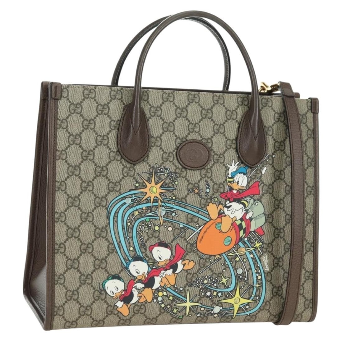 Gucci 648134 Donald Duck GG Supreme 2way Handbag Beige Gold: Gucci 648134 Donald Duck GG Supreme 2way Handbag Beige Gold Gucci GG Supreme Donald Duck 2-way handbag in beige and gold PVC leather with GG canvas. Made in Italy, this women's bag includes a dust bag
