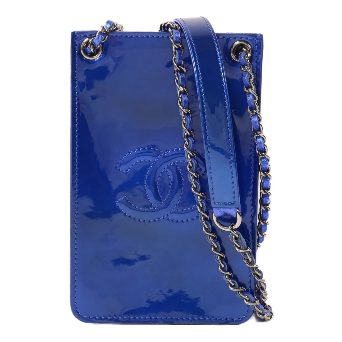 CHANEL CC Phone Holder Shoulder Bag with Chain Blue Patent Leather SHW (1 of 17)