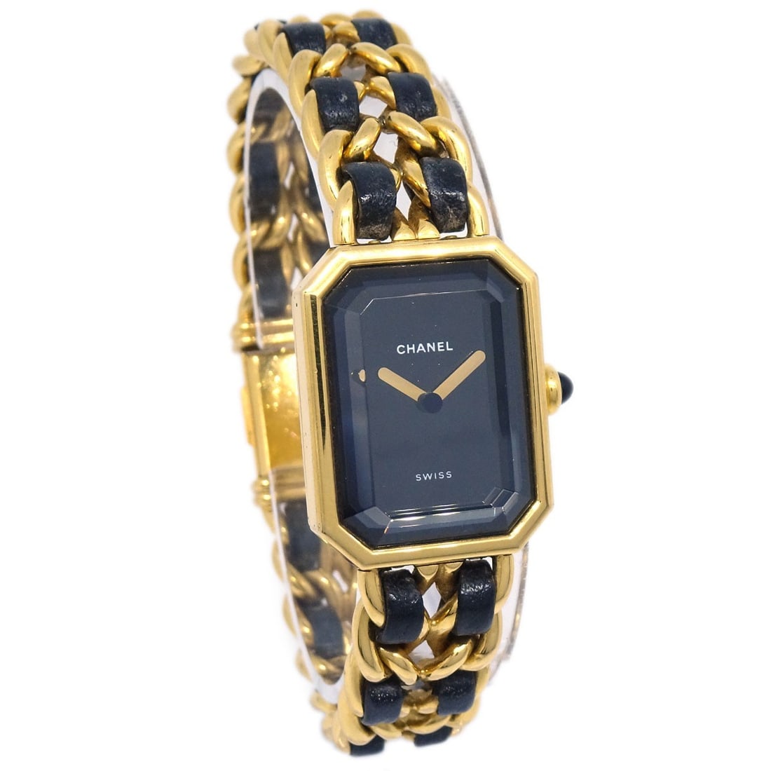 CHANEL Premiere Women's Quartz Wristwatch Gold Plated Leather Band: CHANEL Premiere Women's Quartz Wristwatch Gold Plated Leather Band Chanel Premiere women's wristwatch with a quartz movement and analog display. It features a black and gold case, black and gold dial,