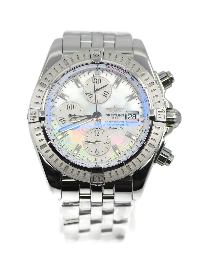 Chronomat Evolution Automatic Stainless Steel Wristwatch Ref A13356 by Breitling: Chronomat Evolution Automatic Stainless Steel Wristwatch Ref A13356 by Breitling This Breitling Chronomat Evolution wristwatch features a stainless steel case and band, complemented by a mother of pea