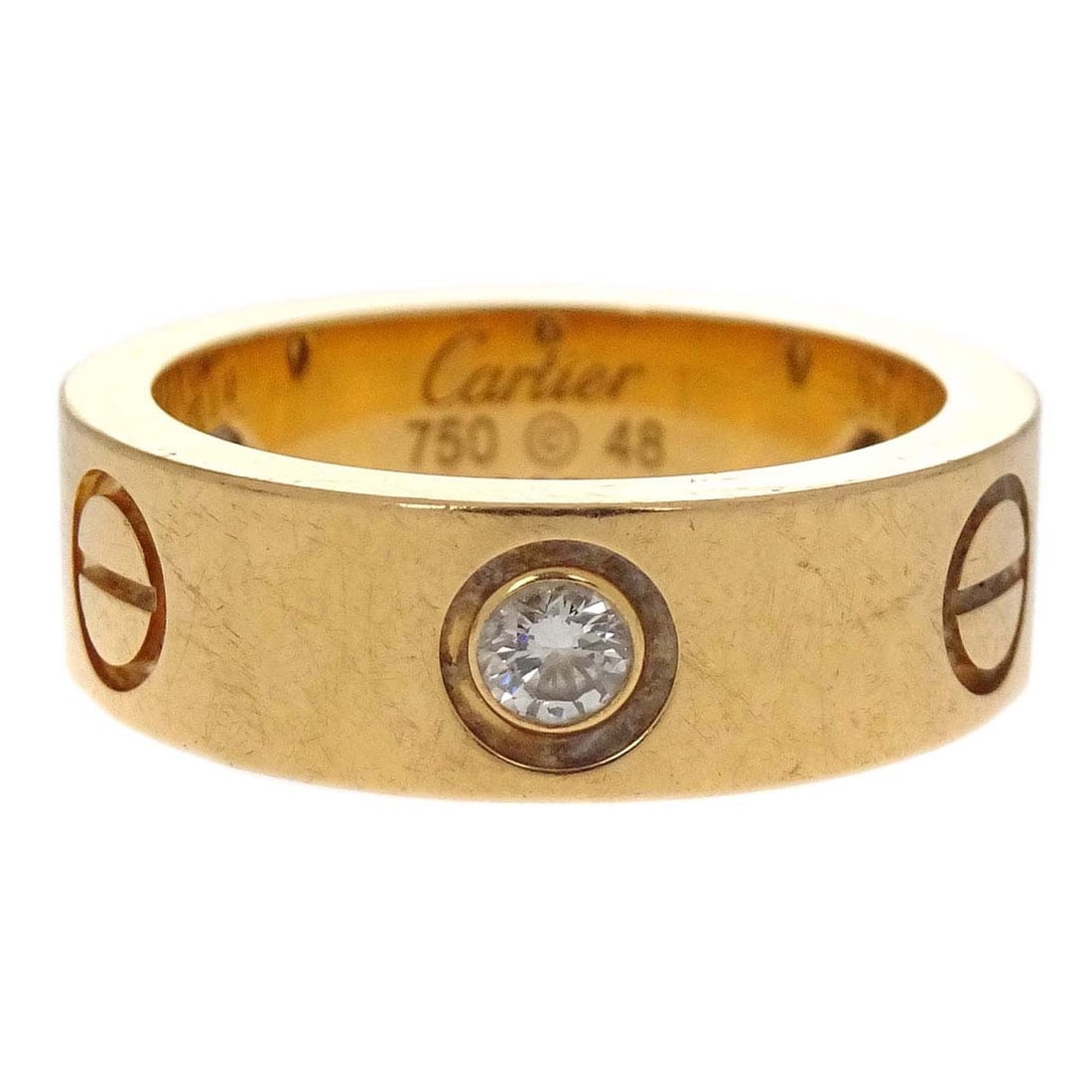 Cartier Love Au750 Yellow Gold Ring with Half Diamond Size 48: Cartier Love Au750 Yellow Gold Ring with Half Diamond Size 48 Cartier Love ring in 750 yellow gold with diamond accents. This round ring is size #48 and is described as vintage. It has a gold finish, 