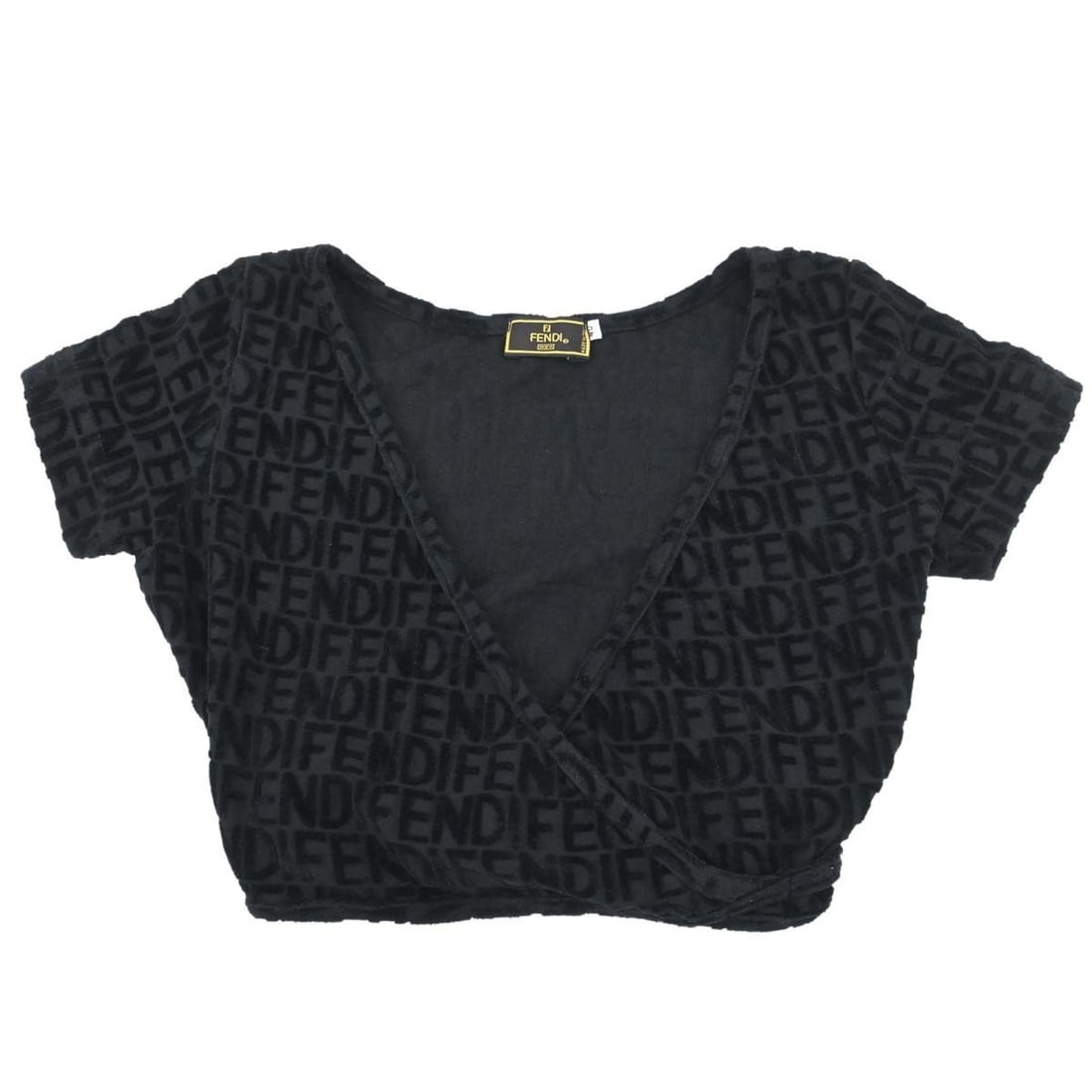 Fendi Black Cropped Wrap T Shirt IT 40: Fendi Black Cropped Wrap T Shirt IT 40 Black cropped wrap-style top by Fendi with a round neckline, short sleeves, and logo accent. Made in Italy, this women's top is crafted from a cotton and nylon b