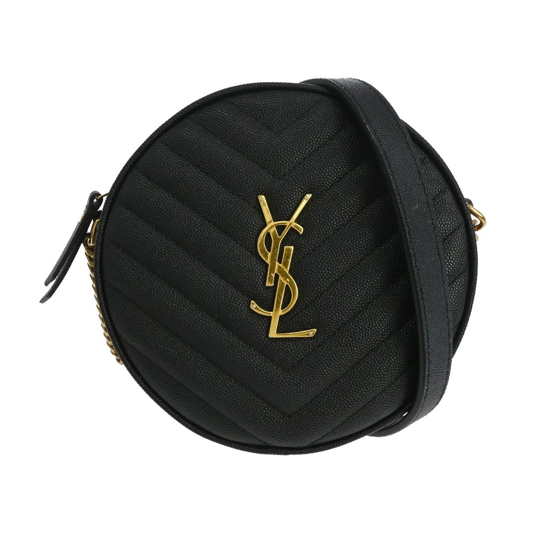 Saint Laurent Vinyle Round Camera Leather Bag Black: Saint Laurent Vinyle Round Camera Leather Bag Black Saint Laurent Vinyle Round Camera bag in black matelasse chevron leather. Made in Italy, this piece is presented in very good condition with light s
