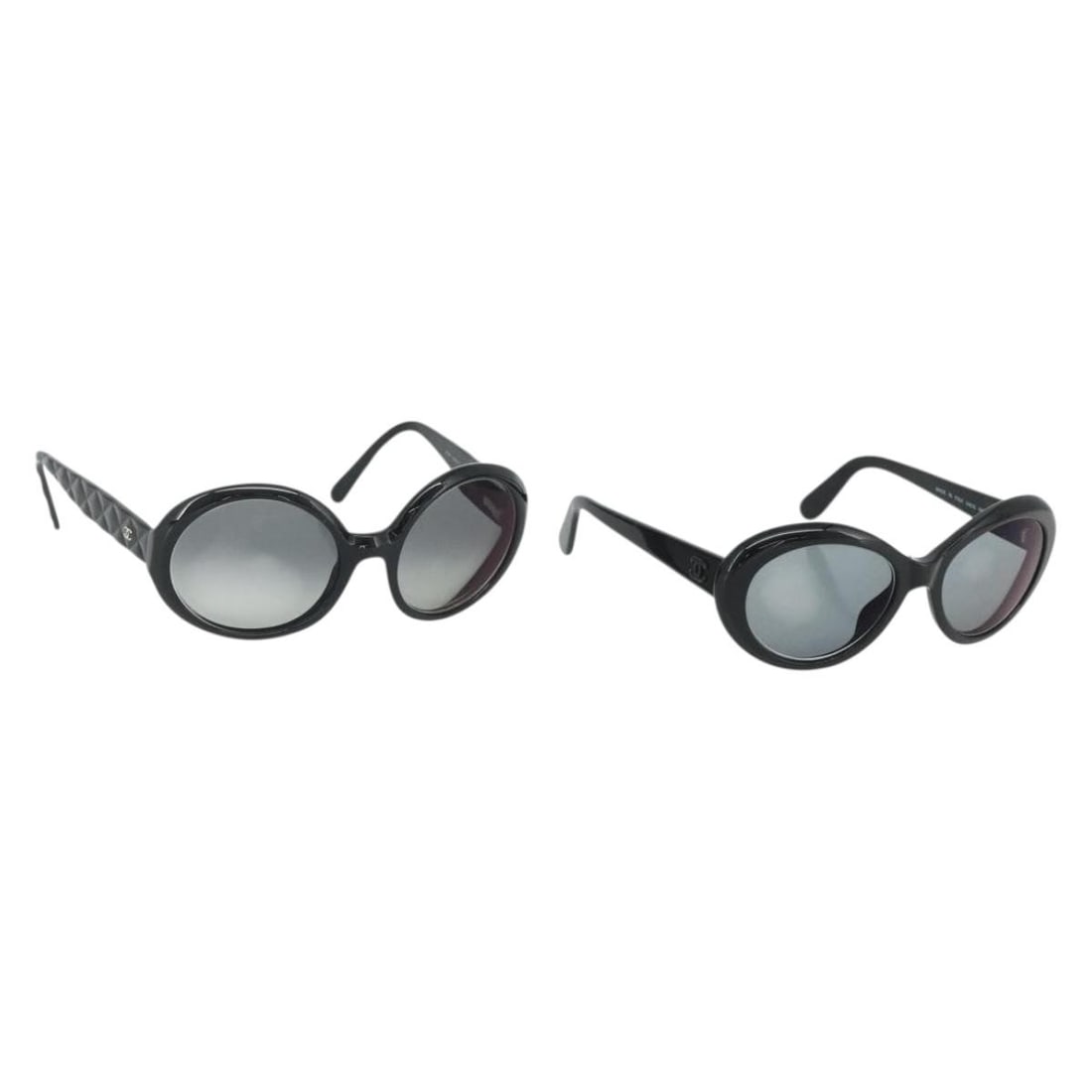 CHANEL Black Plastic Sunglasses Pair with Dust Bag: CHANEL Black Plastic Sunglasses Pair with Dust Bag This is a set of two CHANEL women's sunglasses crafted from black plastic. Both pairs are made in Italy and feature the iconic CC branding. The sungl