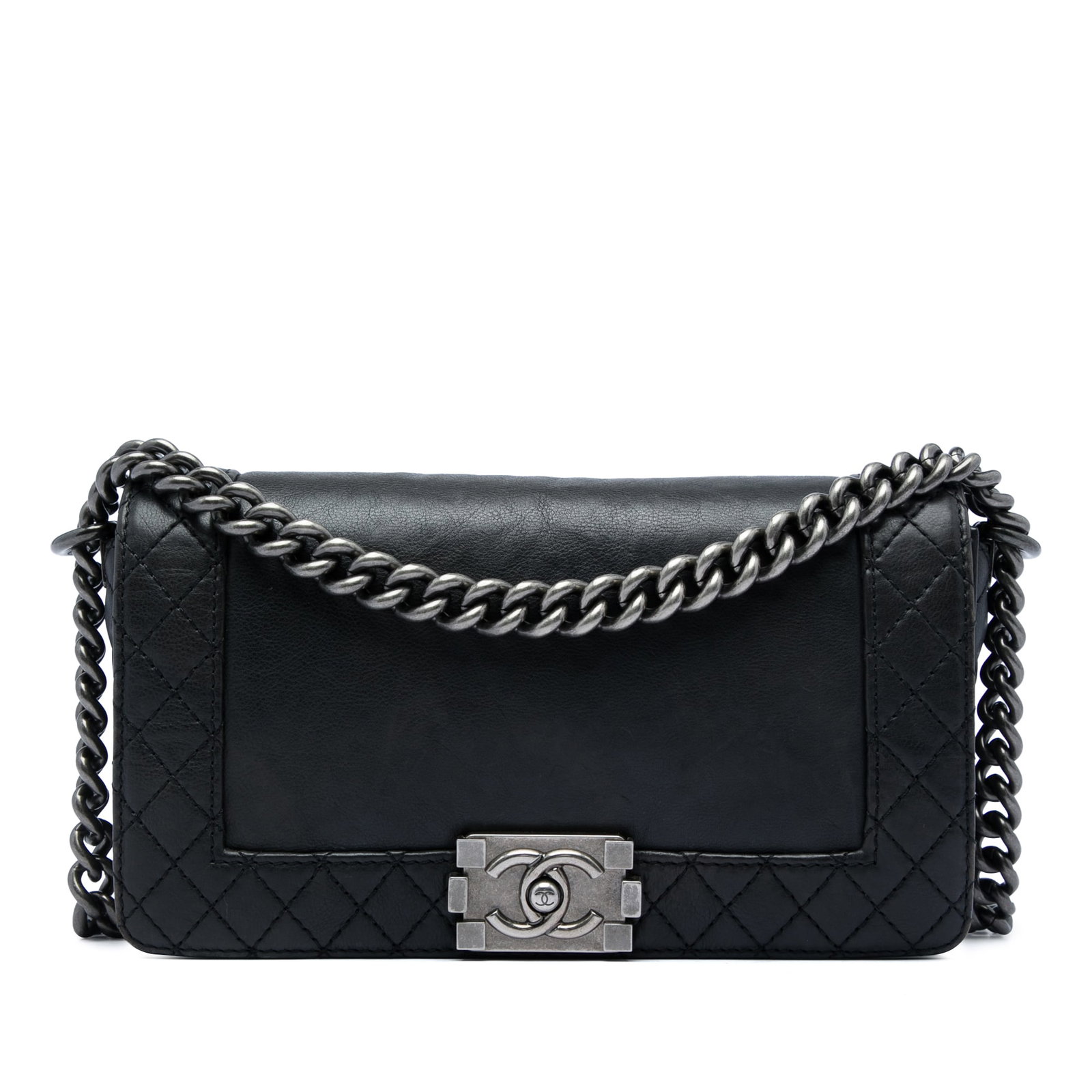 Chanel Boy Reverso Old Medium lambskin flap bag black: Chanel Boy Reverso Old Medium lambskin flap bag black Chanel Old Medium Boy Reverso Flap bag crafted in lambskin leather with a leather body, curb chain and leather strap, front flap with push-lock cl