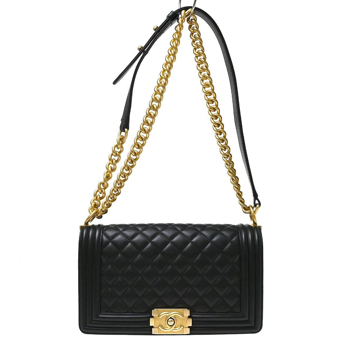 CHANEL Boy Medium Black Lambskin Shoulder Bag Chain Strap: CHANEL Boy Medium Black Lambskin Shoulder Bag Chain Strap This is a Chanel Boy medium shoulder bag in black lambskin with a square shape and silver-tone hardware. It features a push-lock closure, chai