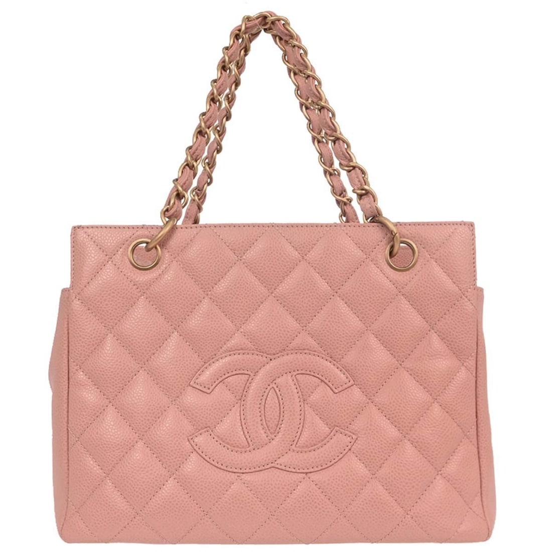 CHANEL Chain Hand Tote Bag Pink Caviar Leather Quilted: CHANEL Chain Hand Tote Bag Pink Caviar Leather Quilted Chanel tote handbag in pink caviar skin leather with a quilted design, chain strap, and zip closure. The interior is lined in canvas and includes