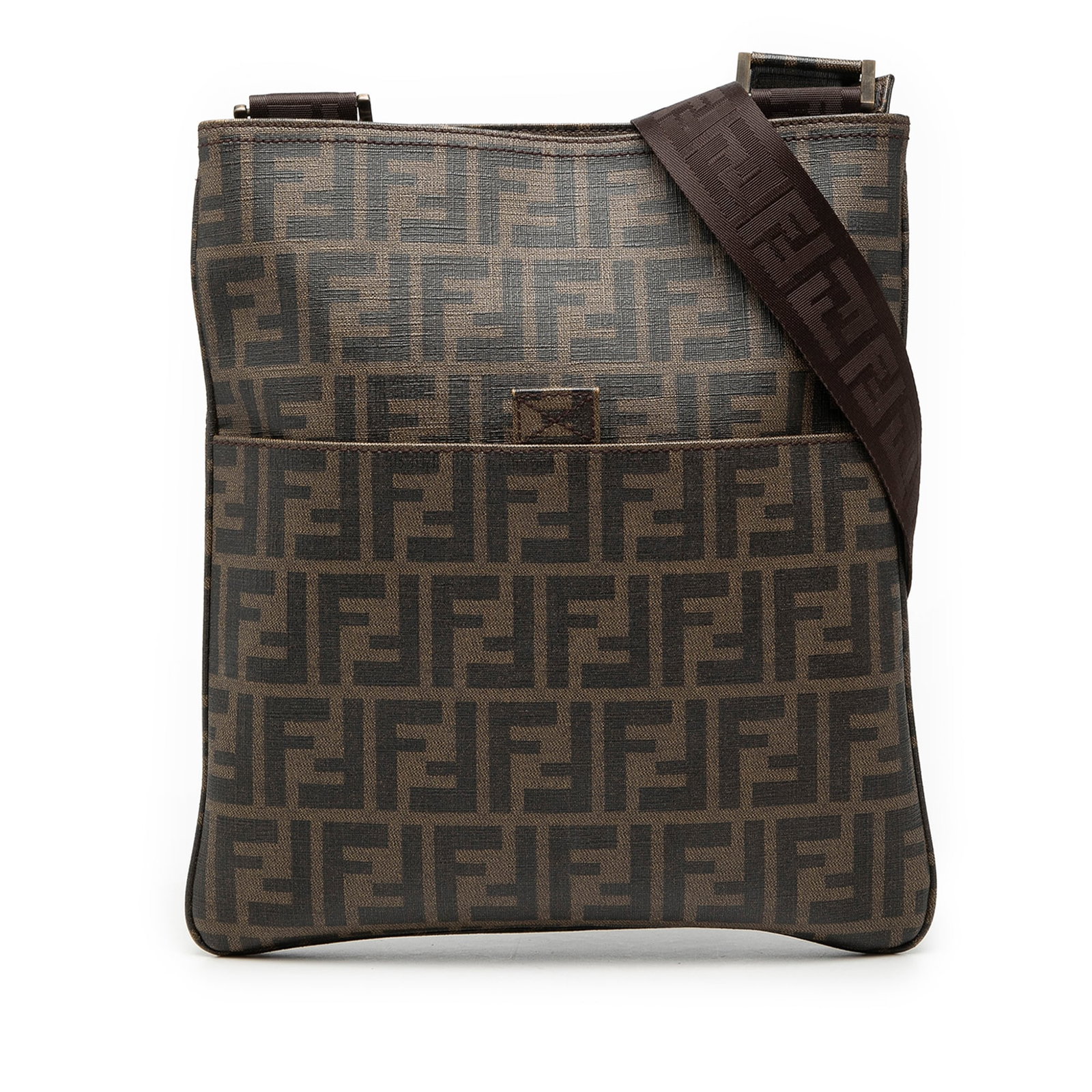 Fendi Zucca coated canvas crossbody bag: Fendi Zucca coated canvas crossbody bag This Fendi Zucca Spalmati crossbody bag showcases the brand's iconic style with a coated canvas exterior in brown. It features an adjustable flat nylon strap fo