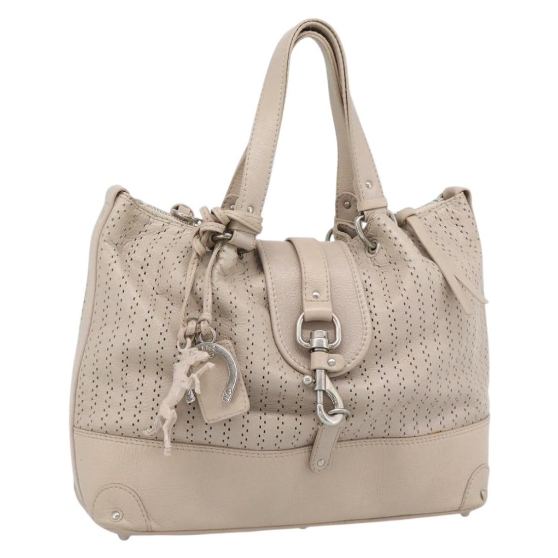 Chloe Kerala Beige Silver Leather Hand Bag with Dust Bag Charm: Chloe Kerala Beige Silver Leather Hand Bag with Dust Bag Charm Authentic Chloe Kerala handbag in beige and silver leather. Includes a dust bag and charm. Made in Romania. Condition is rated B with rea