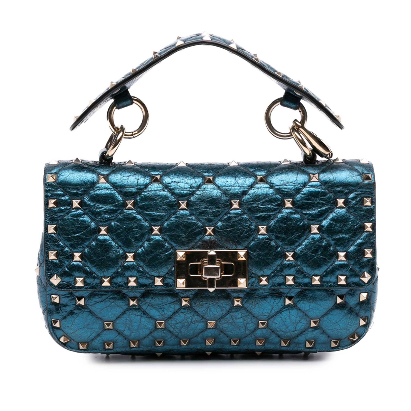 Valentino Rockstud Spike Small Metallic Lambskin Satchel Blue (1 of 7)