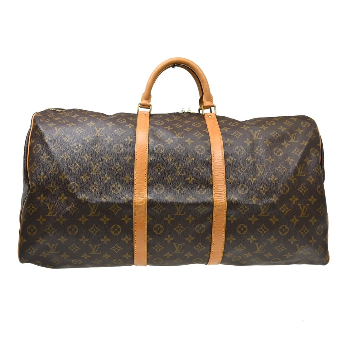 Louis Vuitton Keepall 60 Monogram Canvas Duffle Bag M41422: Louis Vuitton Keepall 60 Monogram Canvas Duffle Bag M41422 Vintage Louis Vuitton Keepall 60 travel handbag in Monogram canvas with leather trim and double handles. This extra large duffle-style bag fe